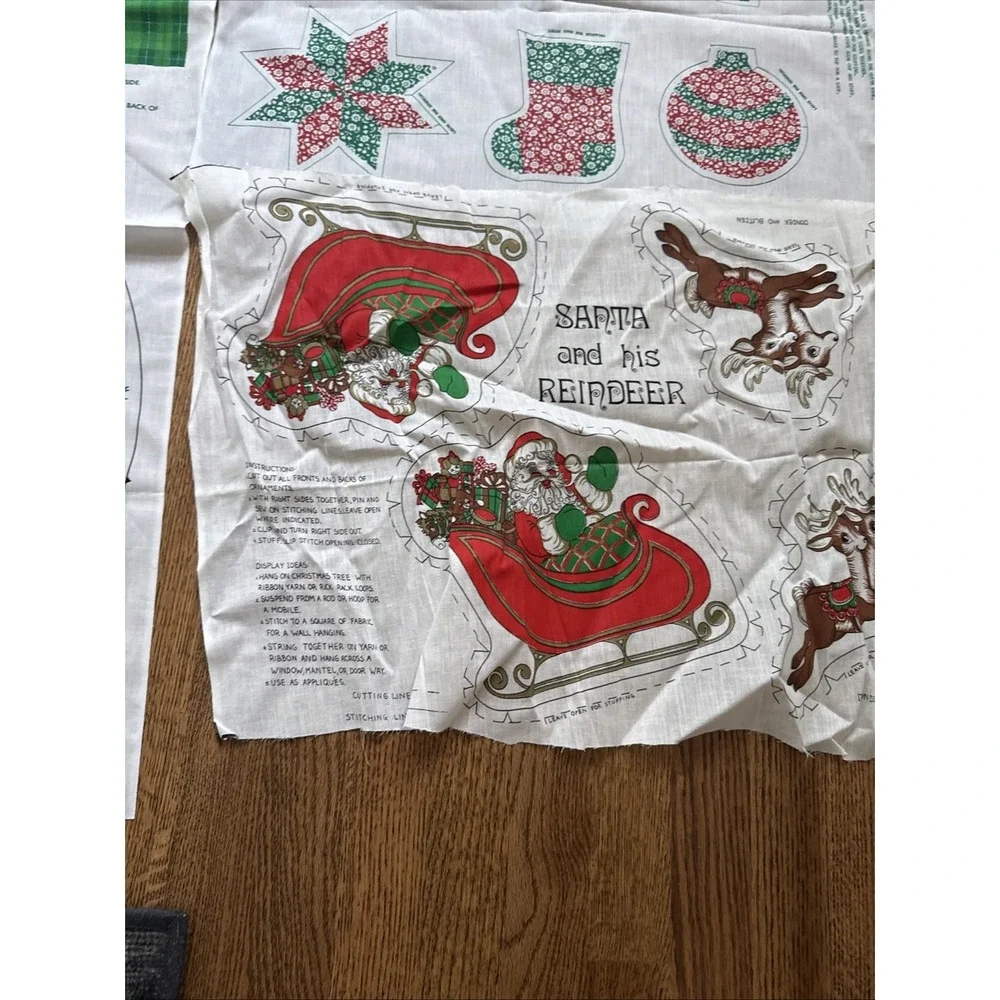 Vintage Set Of 7 Christmas Wreath Ornaments Snowman Cut & Sew Cotton Panels